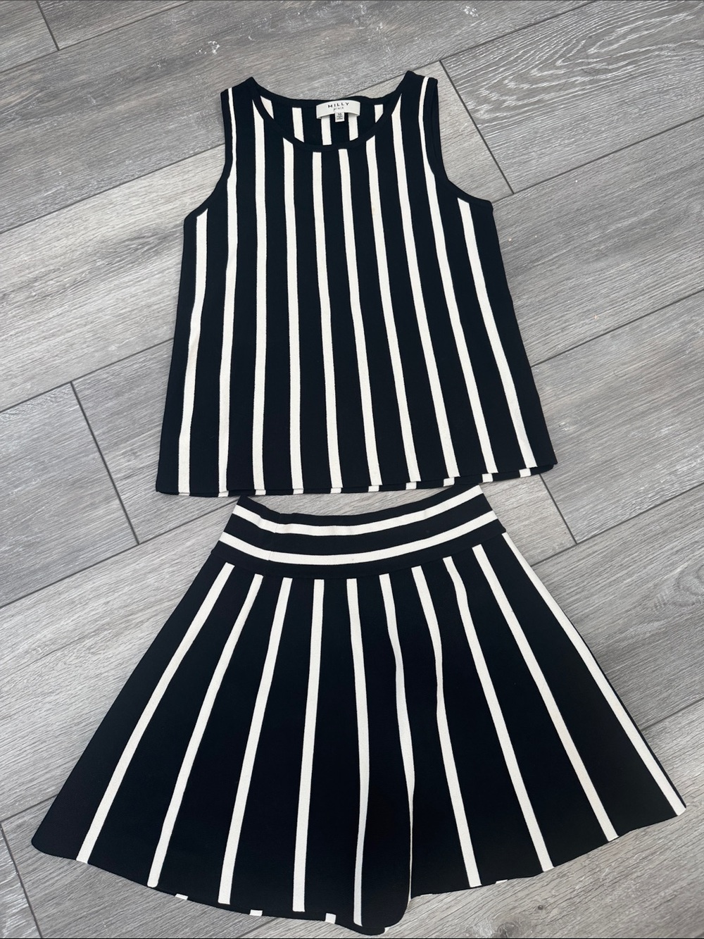 MILLY Black and White Striped Sleeveless Top and Skirt Set
